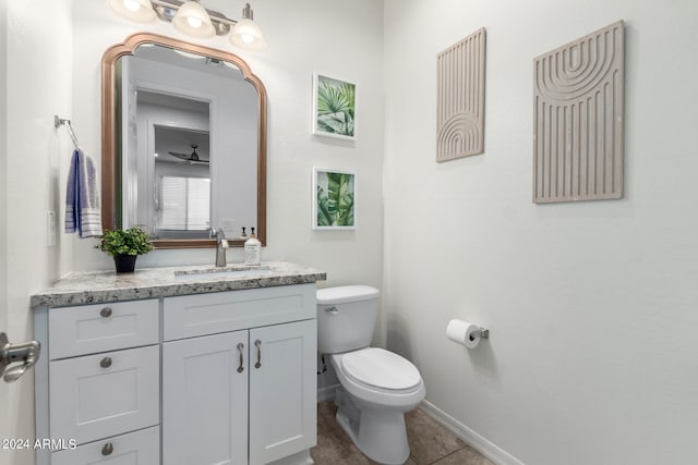 bathroom featuring tile patterned flooring, ceiling fan, vanity, and toilet