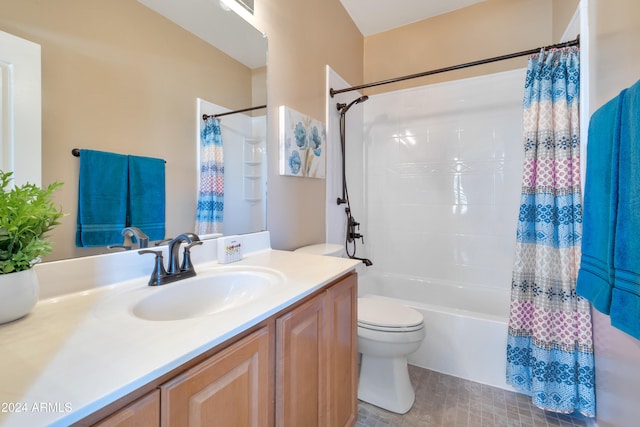 full bathroom featuring shower / bathtub combination with curtain, vanity, and toilet