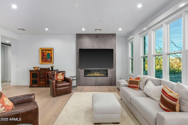 living room featuring a large fireplace and light hardwood / wood-style floors