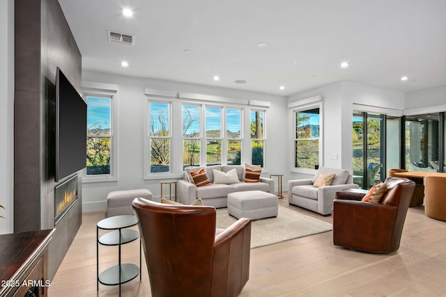 living room featuring plenty of natural light, a large fireplace, and light wood-type flooring