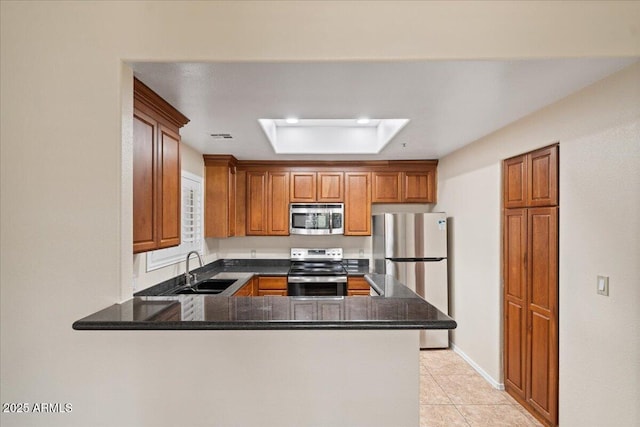 kitchen featuring brown cabinetry, visible vents, a peninsula, a sink, and stainless steel appliances