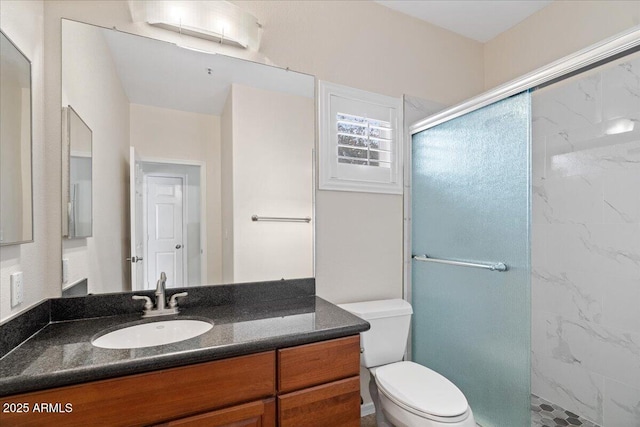 full bathroom featuring vanity, toilet, and a stall shower