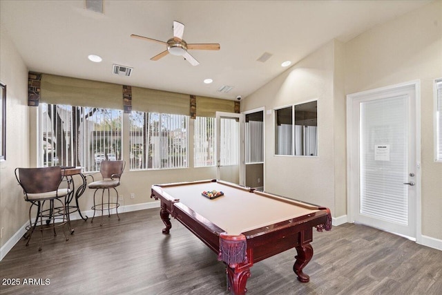 game room featuring visible vents, wood finished floors, ceiling fan, and pool table