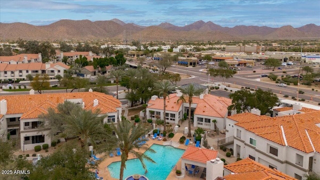 aerial view featuring a residential view and a mountain view