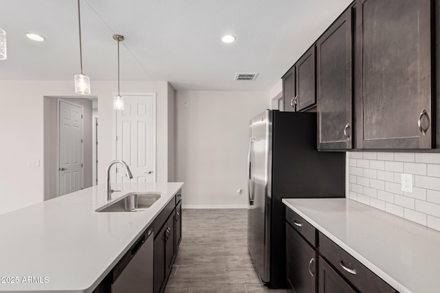 kitchen featuring tasteful backsplash, sink, hanging light fixtures, stainless steel appliances, and dark brown cabinets