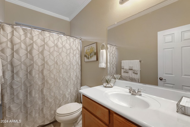 bathroom featuring toilet, vanity, and crown molding