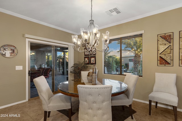 tiled dining area with plenty of natural light, crown molding, and an inviting chandelier