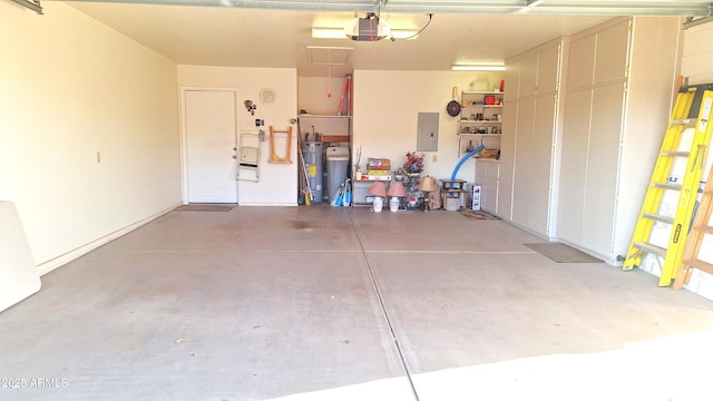 garage with electric panel and a garage door opener