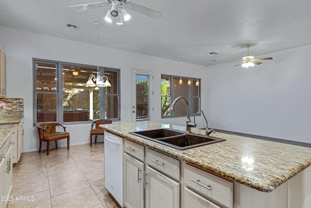 11413 S Coolwater Dr, Goodyear, AZ 85338 - kitchen featuring visible vents, a sink, light tile patterned flooring, white dishwasher, and ceiling fan