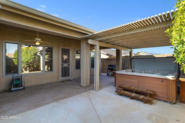 11413 S Coolwater Dr, Goodyear, AZ 85338 - view of patio with a ceiling fan, fence, a pergola, and a hot tub