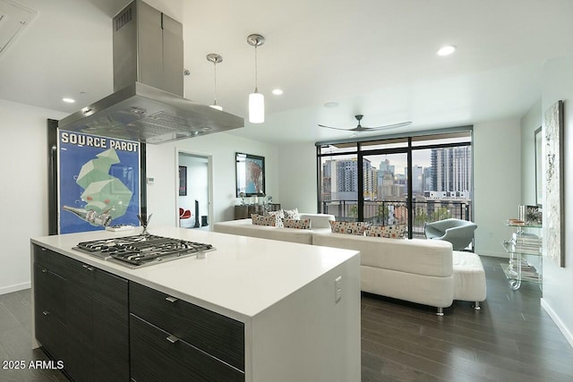 kitchen featuring a center island, dark hardwood / wood-style floors, island exhaust hood, decorative light fixtures, and stainless steel gas stovetop