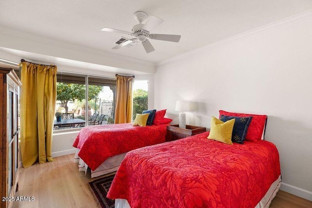 bedroom with crown molding, ceiling fan, access to exterior, and light wood-type flooring