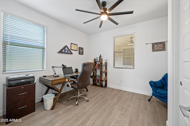 office space featuring light wood-type flooring and ceiling fan