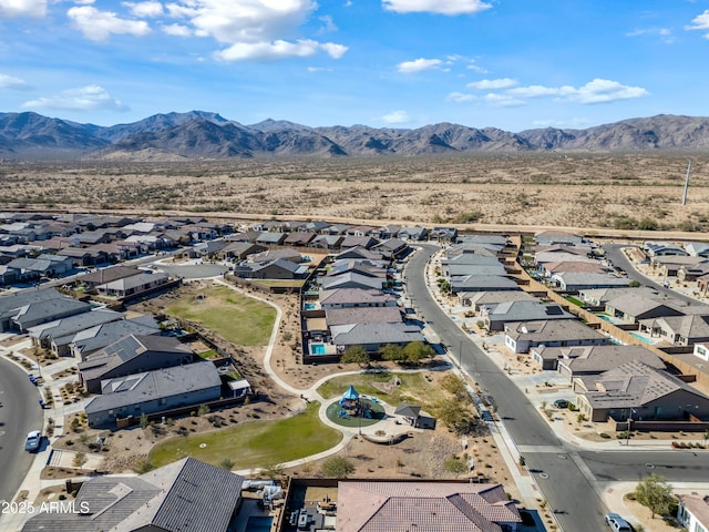 drone / aerial view featuring a mountain view