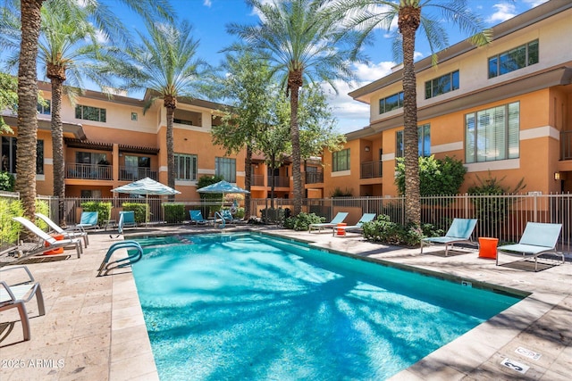 view of swimming pool featuring a patio area