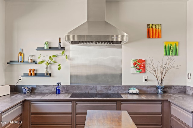 10975 E Janet Way, Dewey, AZ 86327 - kitchen featuring dark countertops, open shelves, wall chimney exhaust hood, and black electric cooktop