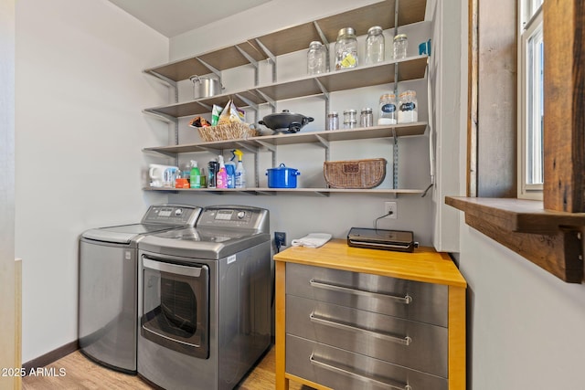 10975 E Janet Way, Dewey, AZ 86327 - washroom featuring laundry area, light wood-style flooring, baseboards, and washing machine and clothes dryer