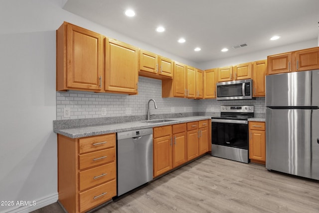 13636 N Hamilton Dr Unit 101, Fountain Hills, AZ 85268 - kitchen with visible vents, decorative backsplash, light wood-style floors, a sink, and appliances with stainless steel finishes