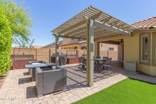 view of patio / terrace with a pergola, area for grilling, outdoor dining area, and fence