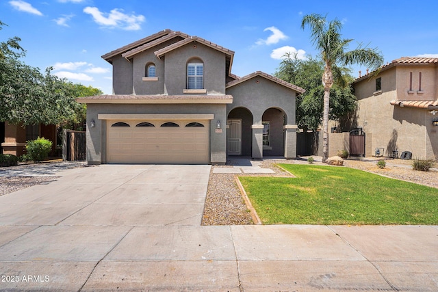 3376 E Lafayette Ave, Gilbert, AZ 85298 - mediterranean / spanish-style house featuring stucco siding, concrete driveway, an attached garage, a front yard, and a tiled roof
