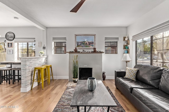 living room featuring ceiling fan, a wealth of natural light, and light hardwood / wood-style floors