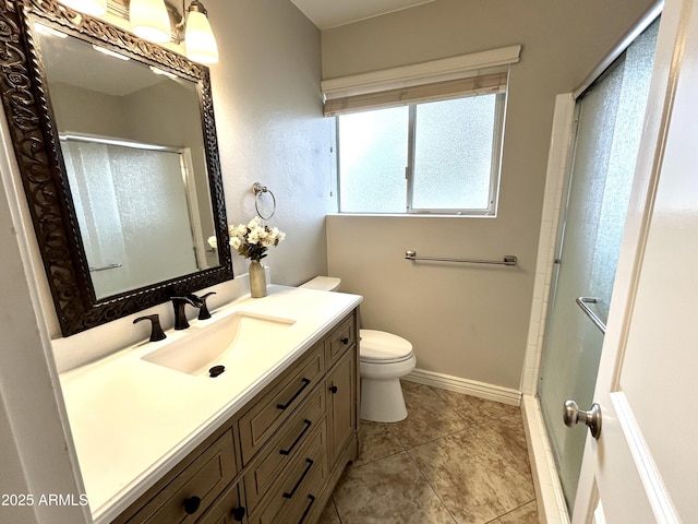 bathroom with tile patterned flooring, toilet, vanity, and a stall shower