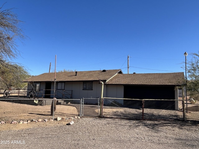 ranch-style house with a fenced front yard, a gate, and roof with shingles