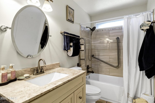 full bathroom with toilet, vanity, and shower / bathtub combination with curtain