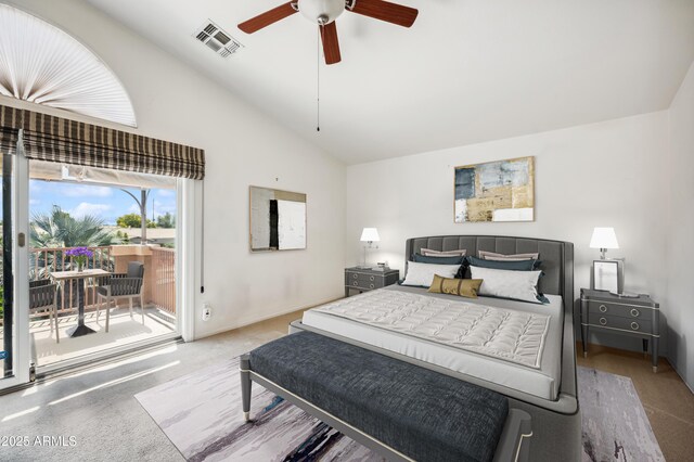 3905 S Bridal Vail Dr, Gilbert, AZ 85297 - bedroom featuring access to exterior, carpet flooring, high vaulted ceiling, and ceiling fan