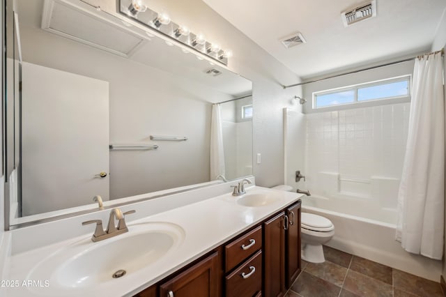 3905 S Bridal Vail Dr, Gilbert, AZ 85297 - bathroom with toilet, shower / tub combo with curtain, and double vanity