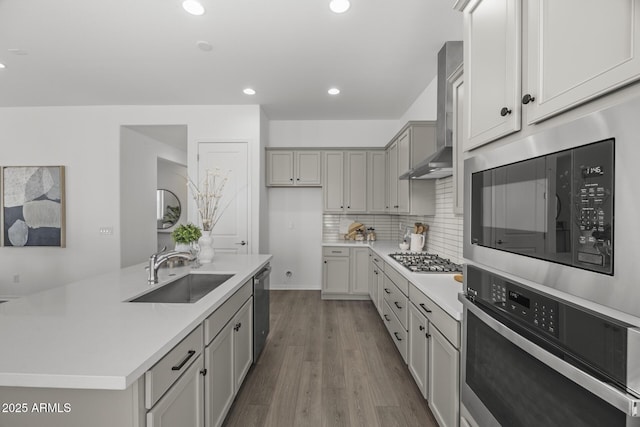 kitchen with light wood-style flooring, a sink, stainless steel appliances, wall chimney exhaust hood, and decorative backsplash