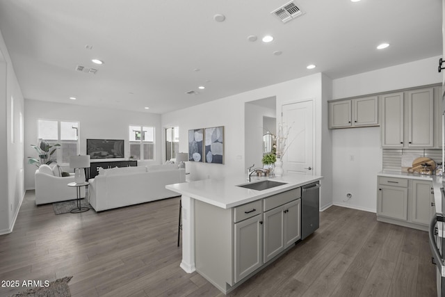 kitchen with a sink, visible vents, dishwasher, and gray cabinets