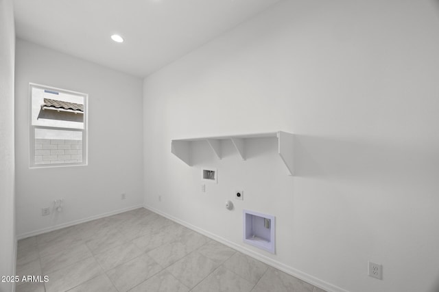 laundry area with washer hookup, laundry area, recessed lighting, hookup for a gas dryer, and electric dryer hookup