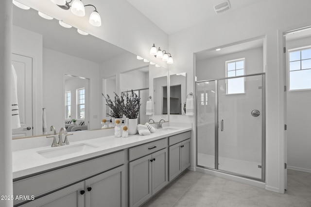 ensuite bathroom featuring a sink, visible vents, double vanity, and a shower stall