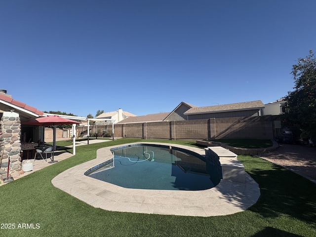 view of pool with a patio area and a yard