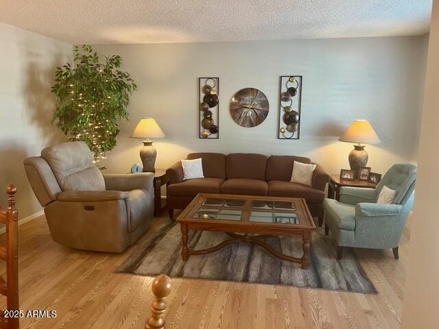 living area with wood finished floors and a textured ceiling