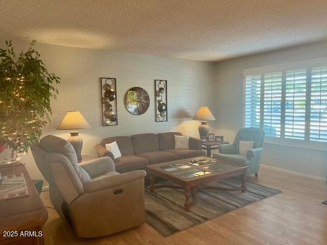 living room featuring a textured ceiling and wood finished floors