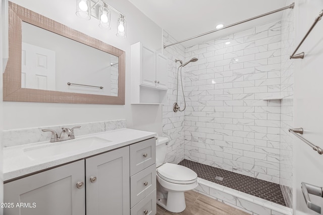 bathroom with a tile shower, vanity, and toilet