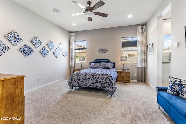 bedroom featuring ceiling fan, carpet floors, recessed lighting, and baseboards