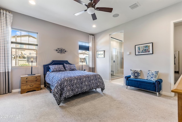 bedroom featuring carpet, visible vents, baseboards, and recessed lighting