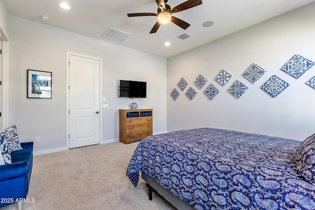 carpeted bedroom featuring baseboards, visible vents, ceiling fan, and recessed lighting