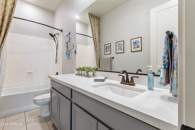 full bath with shower / tub combo, vanity, toilet, and tile patterned floors