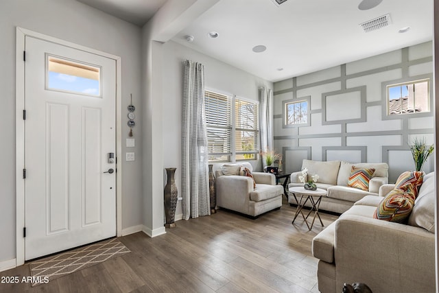 foyer featuring recessed lighting, baseboards, visible vents, and hardwood / wood-style floors