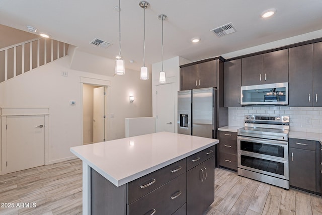 kitchen featuring light countertops, appliances with stainless steel finishes, backsplash, and visible vents