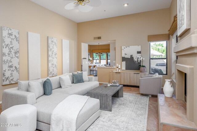 living room featuring ceiling fan