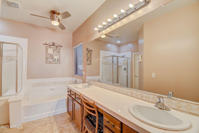 bathroom featuring vanity, separate shower and tub, tile patterned floors, and ceiling fan