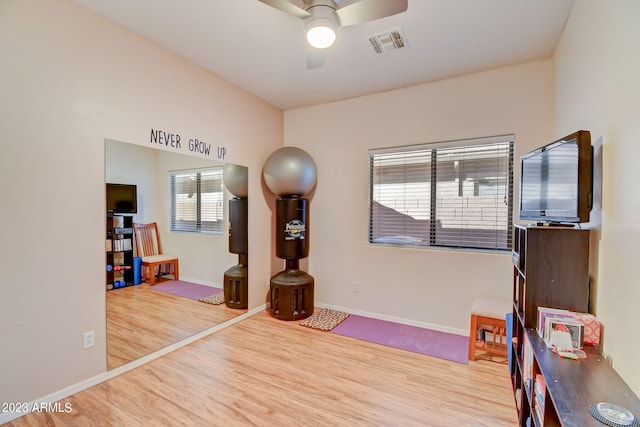 misc room featuring ceiling fan, a healthy amount of sunlight, and light wood-type flooring