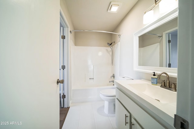 full bath with tile patterned flooring, toilet, vanity, and shower / tub combination