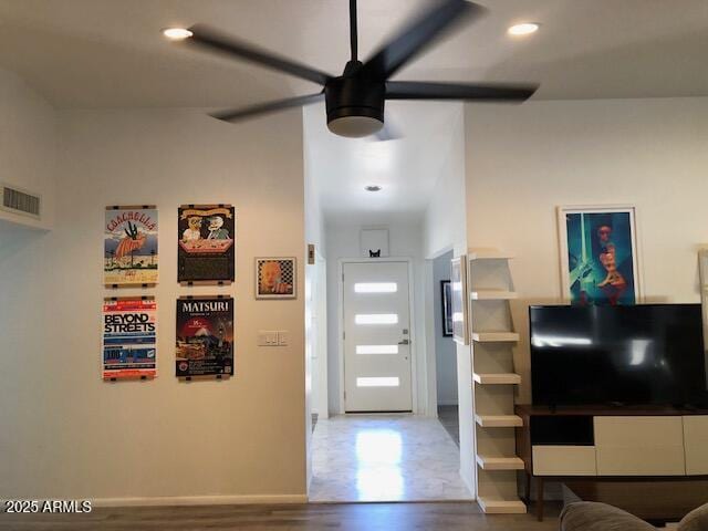 1156 E Vinedo Ln, Tempe, AZ 85284 - living area featuring a ceiling fan, wood finished floors, baseboards, and recessed lighting