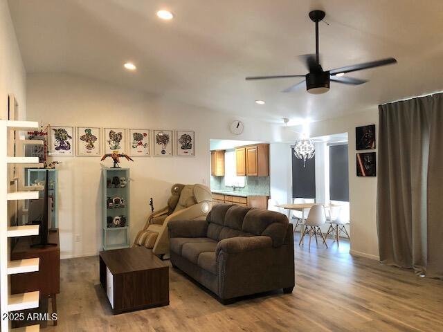 1156 E Vinedo Ln, Tempe, AZ 85284 - living room featuring wood finished floors, ceiling fan, recessed lighting, and vaulted ceiling